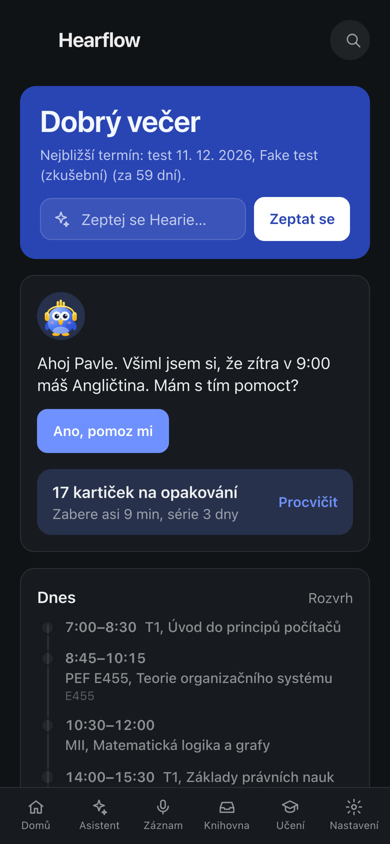 Domů v telefonu s rozvrhem dne