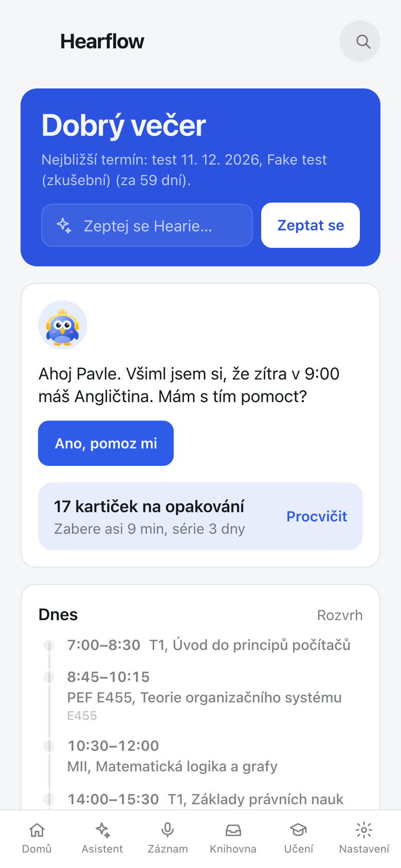 Domů v telefonu s rozvrhem dne
