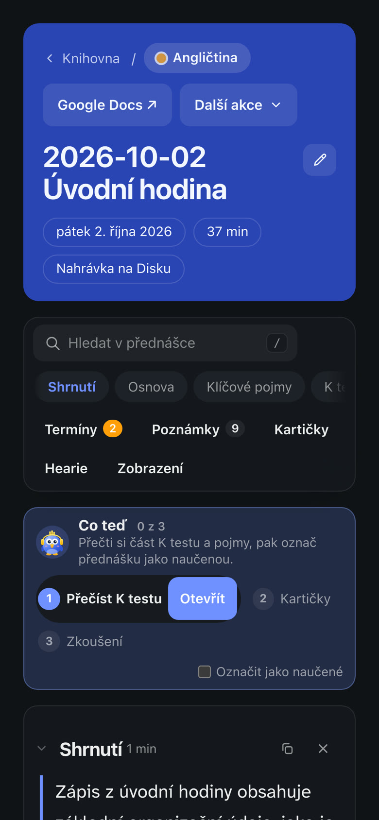 Zápis přednášky v telefonu