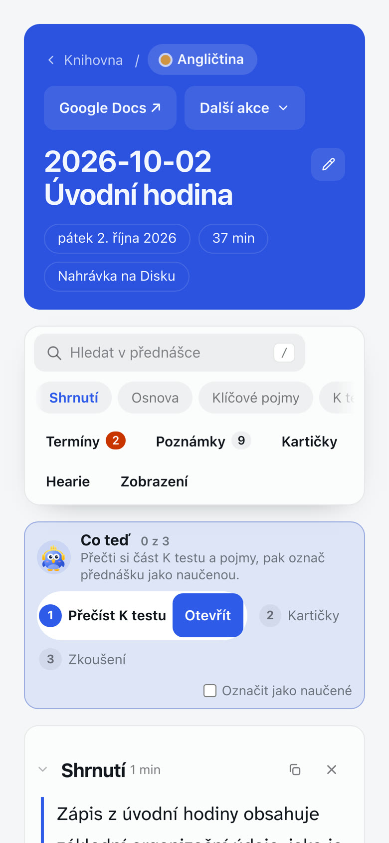Zápis přednášky v telefonu